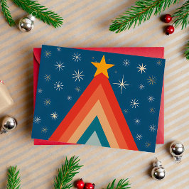 ミニマリスト レッド&ブルー レトロ グルーヴィー クリスマスツリー 箔シーズンポストカード