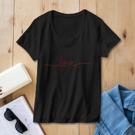 ミニマリスト レッド ラブ スクリプト ブラック Vネック Tシャツ