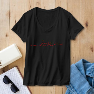 ミニマリスト レッド ラブ スクリプト ブラック Vネック Tシャツ