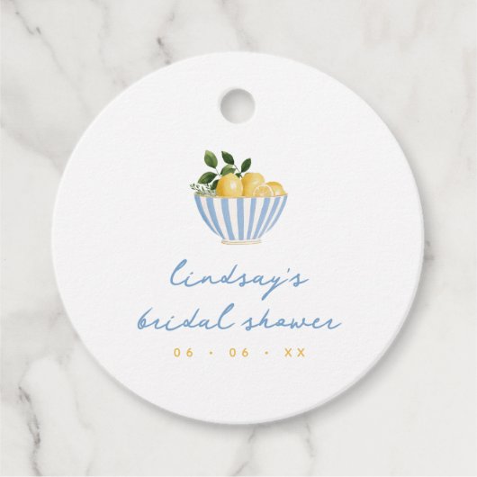 ミニマリスト レモン ブルー & イエロー ブライダル シャワー フェイバータグ (正面)