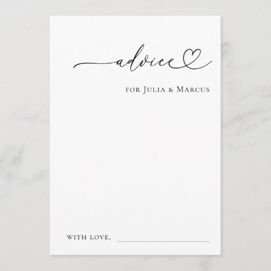ミニマリスト ロマンティック ハート スクリプト プレーン ウェディング アドバイスカード (正面)