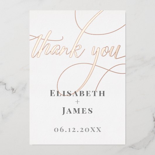 ミニマリスト ローズゴールド カリグラフィー サンクス ウェディング 箔シーズンカード (正面)