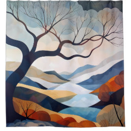 ミニマリスト・ローン・ツリー・ランドスケープ・アート シャワーカーテン