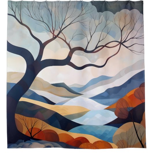 ミニマリスト・ローン・ツリー・ランドスケープ・アート シャワーカーテン (正面)