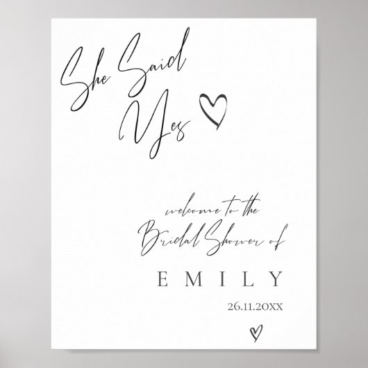ミニマリスト「彼女はYesのブライダルシャワー歓迎を言った ポスター (正面)