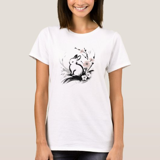 ミニマリスト 春 ゼン うさぎ 桜 Tシャツ (正面)