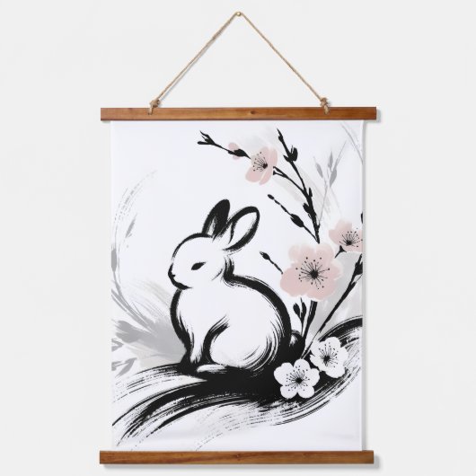 ミニマリスト 春 ゼン ウサギ 桜 吊り下げ型タペストリー (正面)