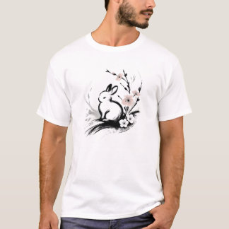 ミニマリスト 春 禅 ウサギ 桜 Tシャツ