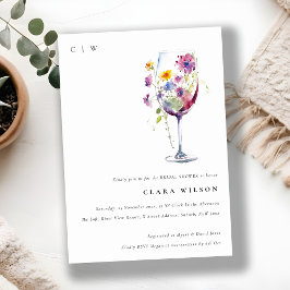 ミニマリスト 水彩 フラワー ワイン グラス ブライダル シャワー 招待状