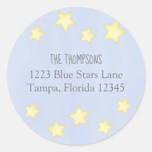 ミニマリスト 水彩 青い星 返送先住所ラベル ラウンドシール (正面)