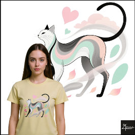 ミニマリスト 猫 パステル ローズ ハート スケッチ Tシャツ