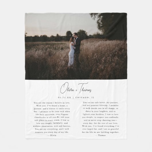 ミニマリスト 白 スクリプト 結婚の誓い 写真 フリースブランケット (正面)