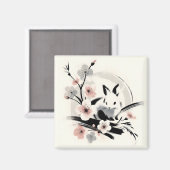 ミニマリスト 禅 インク うさぎ 桜 マグネット (正面/裏面)