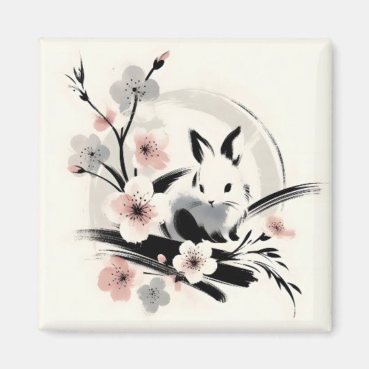 ミニマリスト 禅 インク うさぎ 桜 マグネット (正面)
