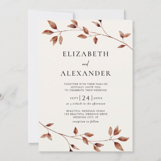 ミニマリスト 秋の落ち葉 ボタニカル ウェディング 招待状 (正面)