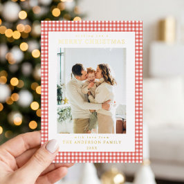 ミニマリスト 赤いギンガムチェックのクリスマス 写真 箔シーズンカード