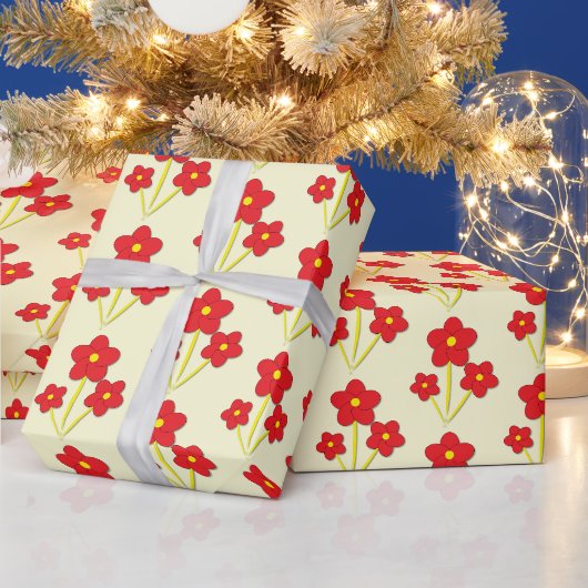 ミニマリスト 赤い花 三つ デザイン ラッピングペーパー (クリスマス)