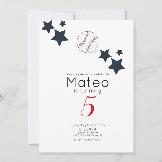 ミニマリスト 野球スター 誕生日パーティー 招待状 (正面)