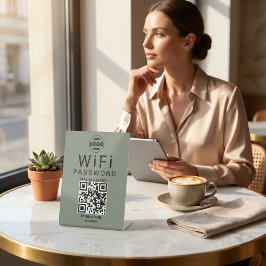 ミニマリスト Sage Green ビジネスWiFiQRコードロゴ 台座サイン