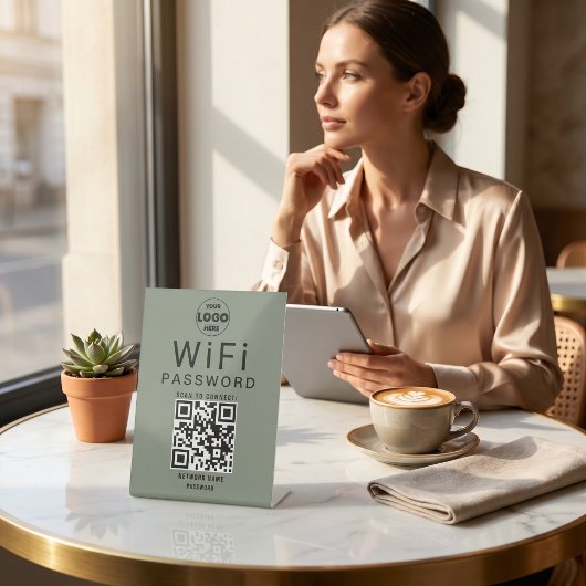 ミニマリスト Sage Green ビジネスWiFiQRコードロゴ 台座サイン
