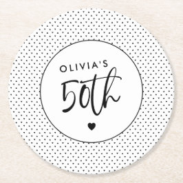 ミニマリストB&W幾何学模様50番目の誕生日スクリプト ラウンドペーパーコースター