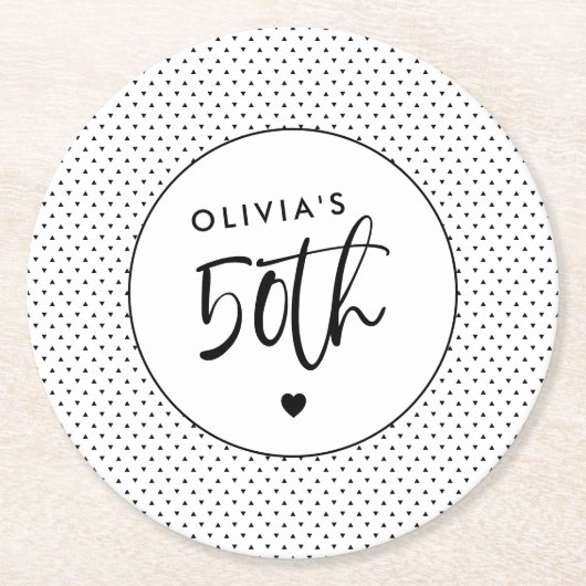 ミニマリストB&W幾何学模様50番目の誕生日スクリプト ラウンドペーパーコースター (正面)