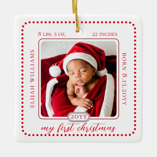 ミニマリストBabys初めてのクリスマス誕生統計フォト セラミックオーナメント (正面)