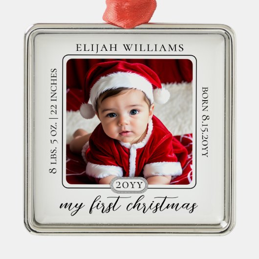 ミニマリストBabys初めてのクリスマス誕生統計フォト メタルオーナメント (正面)