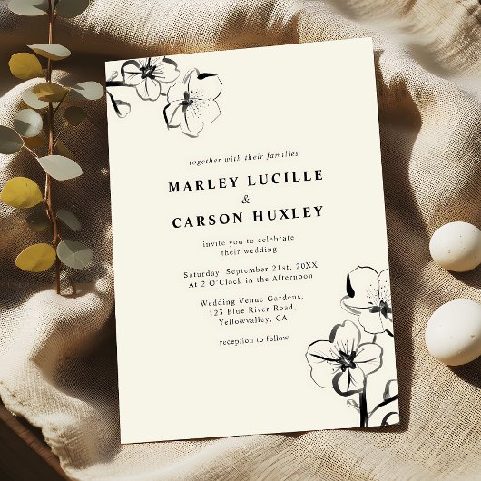 ミニマリストBohoハンドドローフローラ結婚アイボリー 招待状