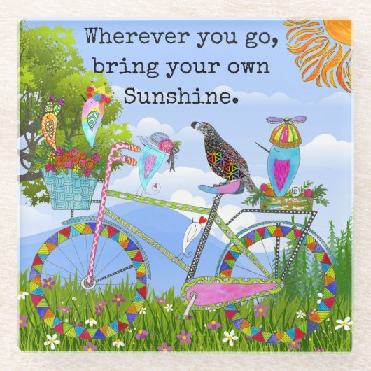 ミニマリストBohoフローラ自転車と鳥 ガラスコースター (正面)