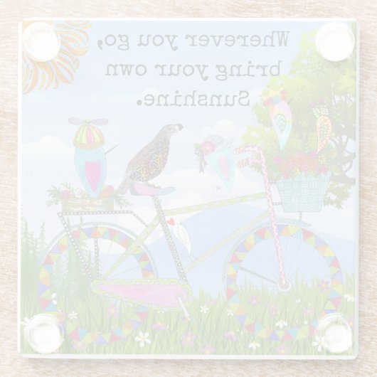 ミニマリストBohoフローラ自転車と鳥 ガラスコースター (裏面)