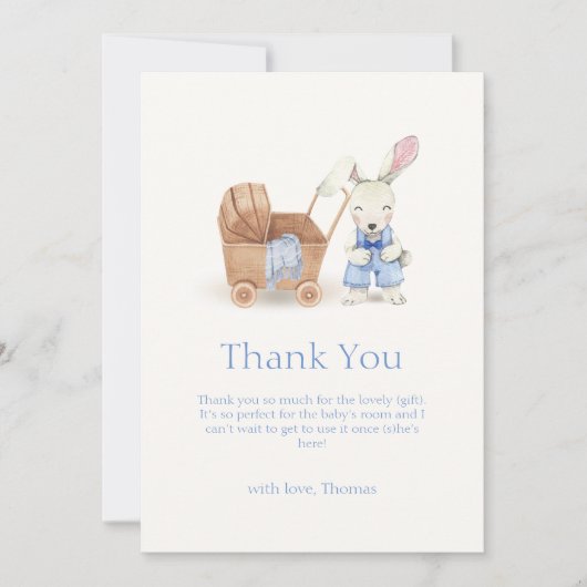 ミニマリストBohoベビーカーRabbit男の子ベイビーシャワー サンキューカード (正面)