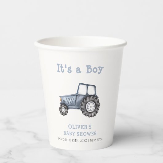 ミニマリストBohoボーイウォーター色トラクター赤ちゃんシャワー 紙コップ (正面)
