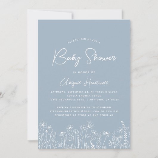 ミニマリストBohoワイルドフラワーズダスティブルーベビーシャワー 招待状 (正面)