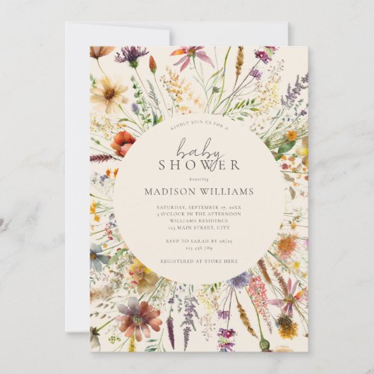ミニマリストBohoワイルドフラワーフローラベビーシャワー 招待状 (正面)