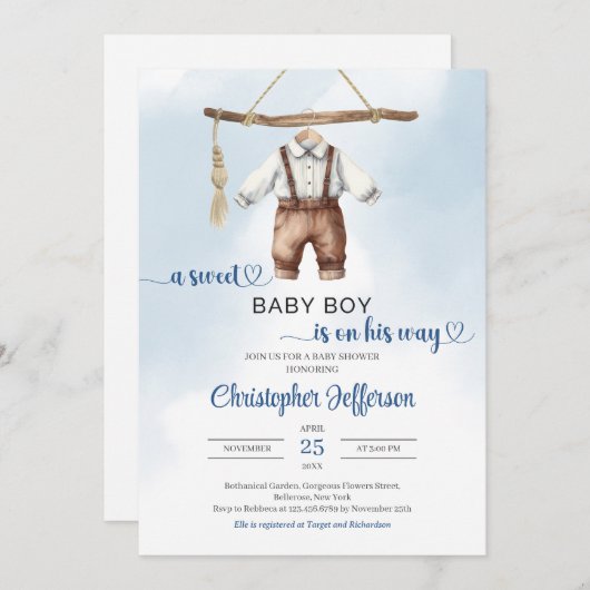 ミニマリストBoho甘い男の赤ちゃん服ベビーシャワー 招待状 (正面/裏面)