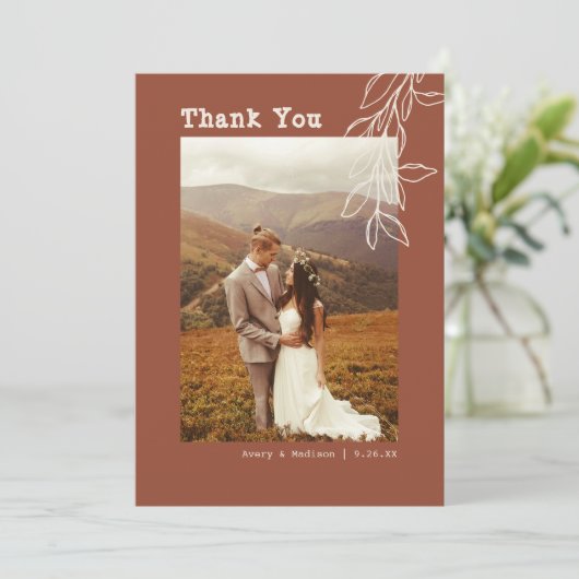 ミニマリストBoho Burntオレンジタイプライター結婚ズ サンキューカード (スタンド正面)