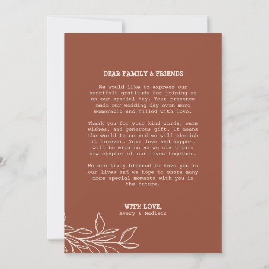 ミニマリストBoho Burntオレンジタイプライター結婚ズ サンキューカード (裏面)