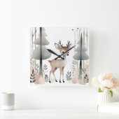 ミニマリストBoho Deer in Woods子供部屋キッズルーム スクエア壁時計 (ホーム)