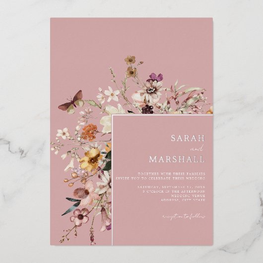 ミニマリストBoho Wildflower 結婚フローラ 箔招待状 (正面)
