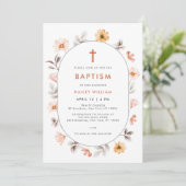 ミニマリストBoho Wildflower Frame Cross Baptism 招待状 (スタンド正面)