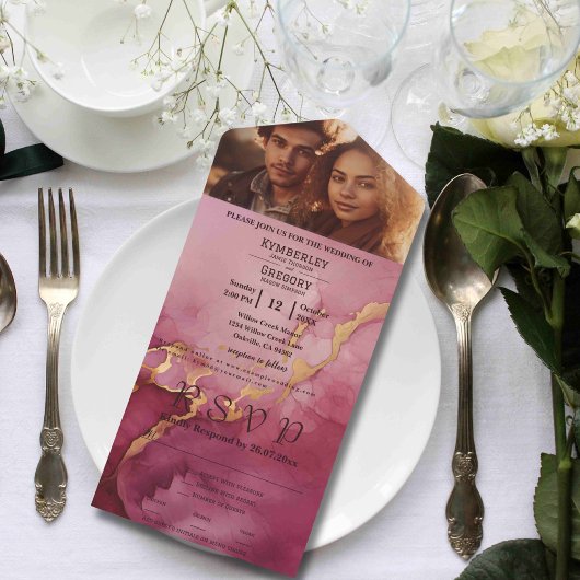 ミニマリストBurgundy金ゴールド水の色の写真ウェブサイト オールインワン招待状