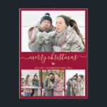 ミニマリストBurgundy金ゴールド4 Photo Collageクリスマス ポストカード<br><div class="desc">ミニマエレガントリスト、バモダンルガンディと金ゴールド4 Photo Collage Merry Christmas Script Holidayポストカード。このフェスティバルミニマル、4枚(4)のフォトホリデーカードのテンプレートは、フォトコラージュかわいらしと小さなドードルハートを備え、メリークリスマスを言う！"Merry Christmas"グリーティング文字は、ブルゴーニュ書レッドやボードカラーの背景には、美しい金ゴールドハンドレタタイポグラフィのスワッシュテールフォントタイプ。このグリーティングハガキ素晴らしは、クリスマスとホリデーシーズンの家族と友人のための選択である。</div>