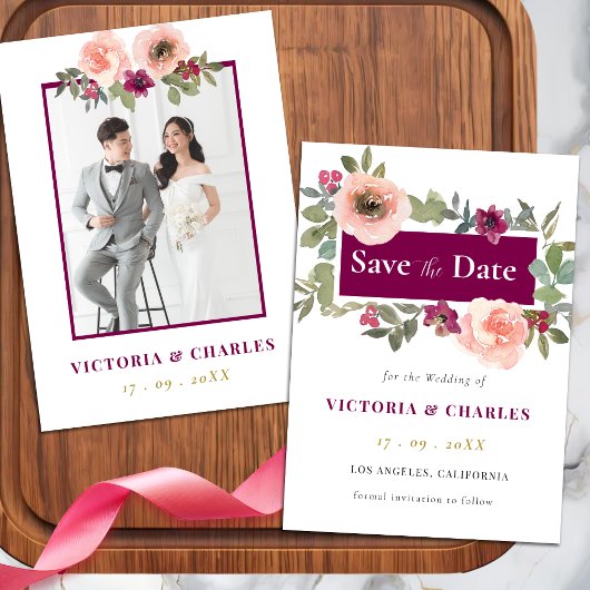 ミニマリストBurgundy Waterカラー結婚フローラ セーブザデート