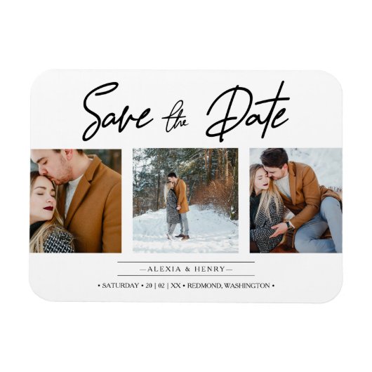 ミニマリストCollage 3カスタムフォト婚約したカップル マグネット (横)