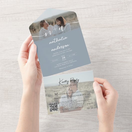 ミニマリストDusty Blue 2写真QRコードRSVP 結婚's オールインワン招待状 (貼ってはがせる)
