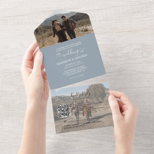ミニマリストDusty Blue QRコードRSVP 結婚's オールインワン招待状 (貼ってはがせる)