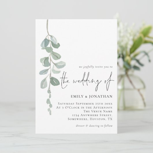 ミニマリストEucalyptus手書き結婚スクリプト 招待状 (スタンド正面)