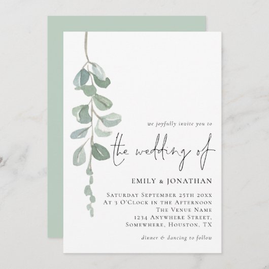 ミニマリストEucalyptus手書き結婚スクリプト 招待状 (正面/裏面)