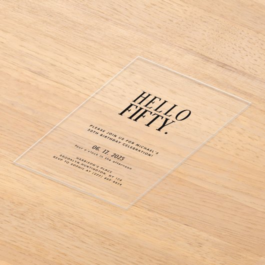 ミニマリストHello Fifty | 第50回誕生日パーティー アクリル招待状 (レイダウン)
